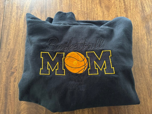 Basketball MOM Embroidered Hoodie w/Sequin Basketball on the back – Game Day Spirit