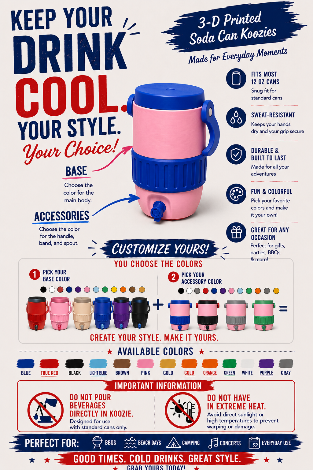 Custom 3D Printed Soda Can Koozie | Personalized Color Can Holder | Choose Your Colors