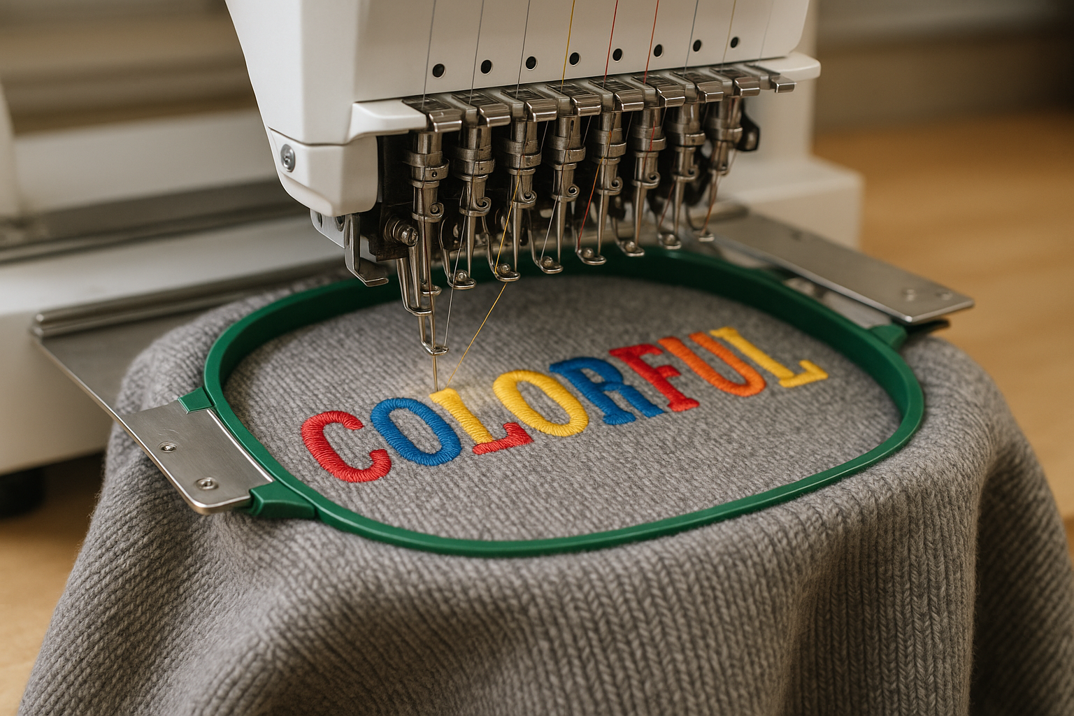 embroidery machine stitching out a letters on a sweater